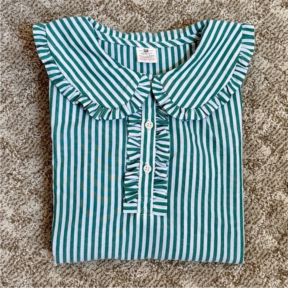 J.Crew Girls' Long-Sleeve Green Stripe Ruffle-Front Nightgown—S